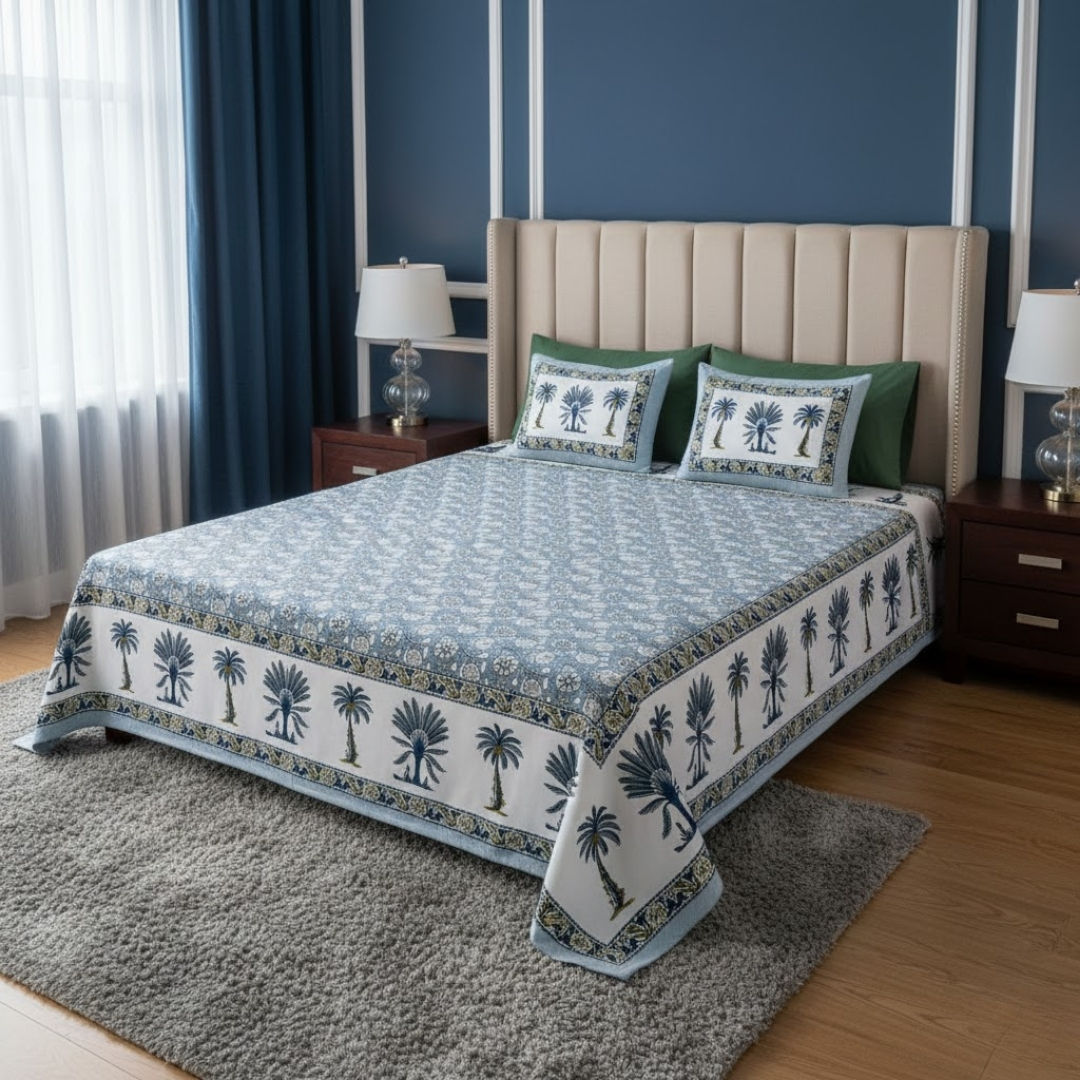 Whimsical Woodcuts Blue Block Print Pure Cotton Double Bedsheet